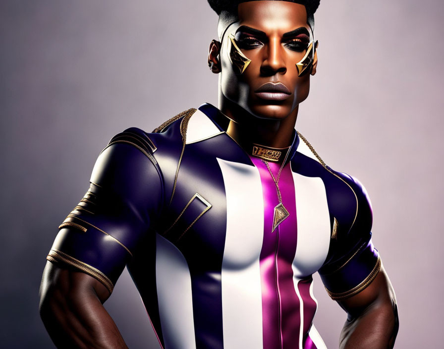 Person in Dramatic Makeup and Futuristic Attire on Purple Background