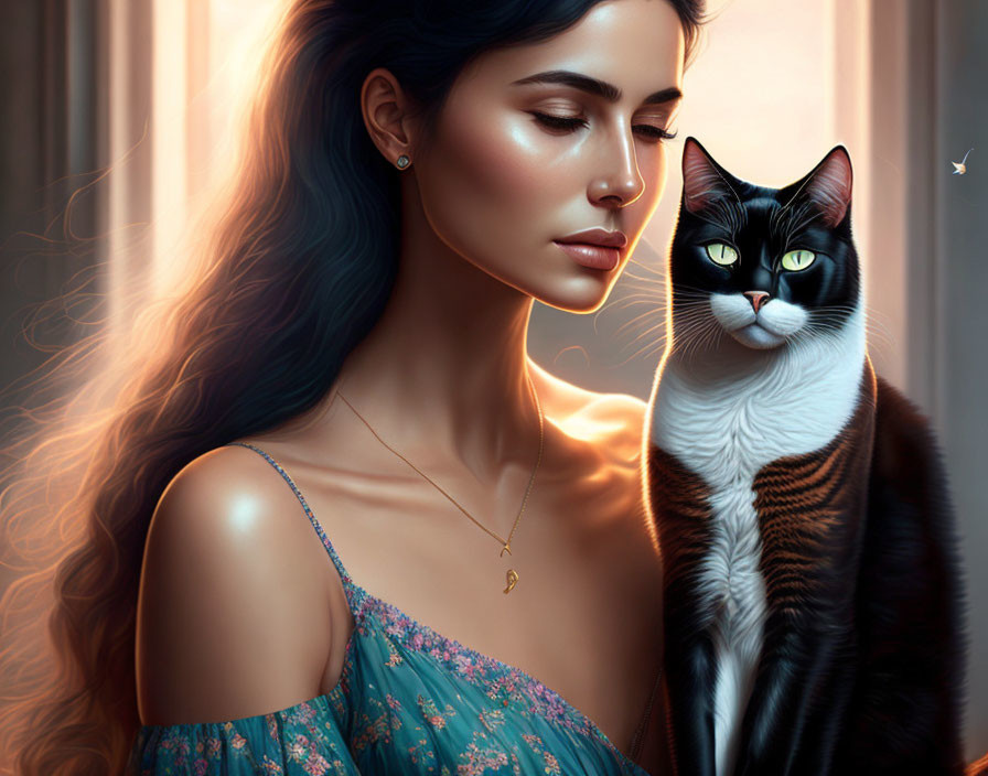 Illustration of woman with long hair, blue dress, and cat under warm lighting