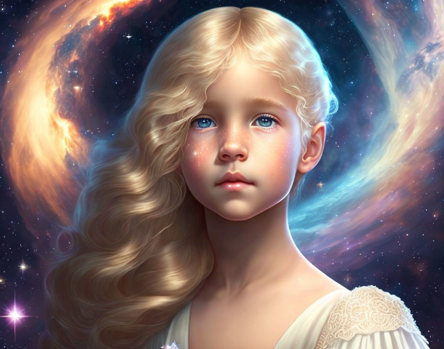 Young girl with blond curly hair and blue eyes in cosmic setting