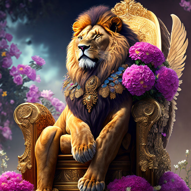 Winged lion with golden mane on ornate throne amid vibrant purple flowers