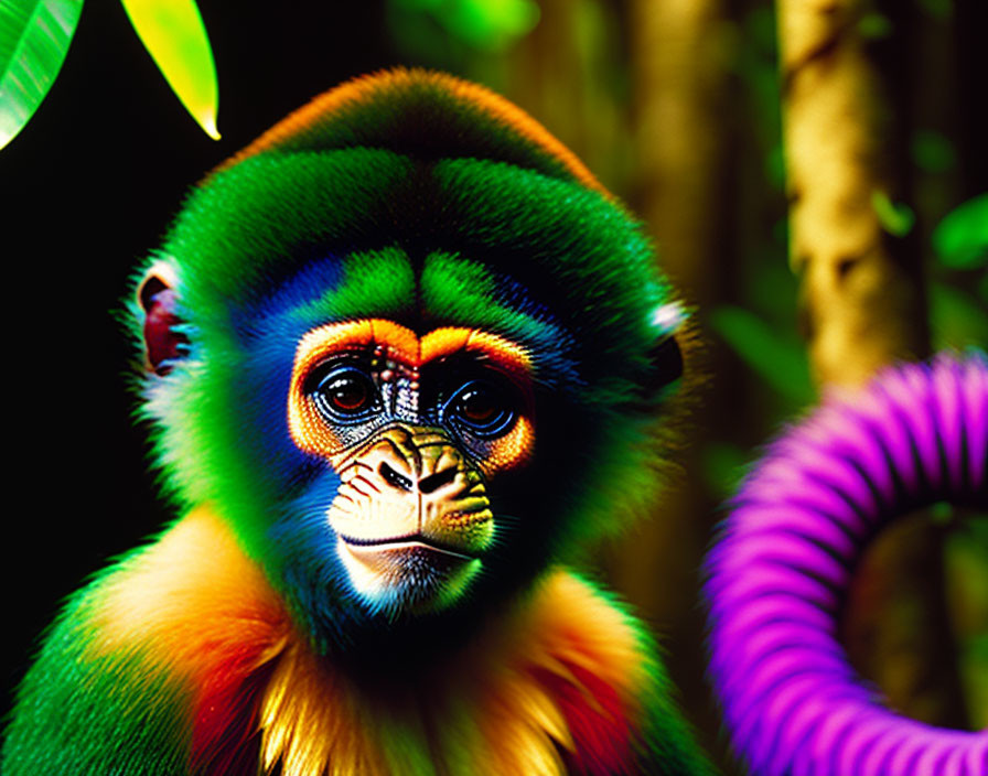 Colorful Monkey with Bright Green, Orange, and Yellow Fur in Dark Jungle Setting