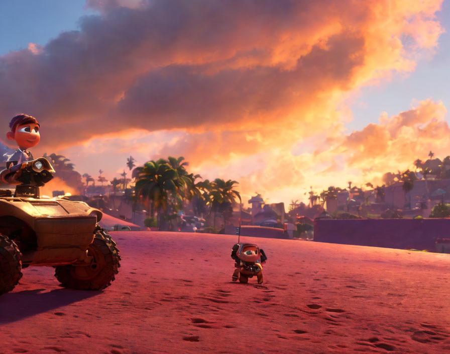 Animated character on ATV with robot dog in vibrant sunset landscape