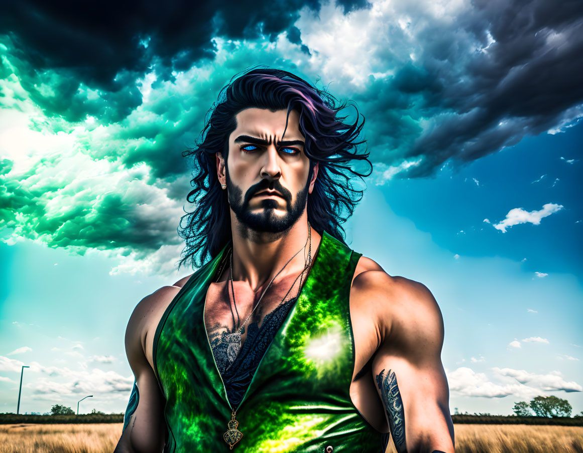 Stylized illustration of brooding man with long black hair, green vest, tattoos, and necklace