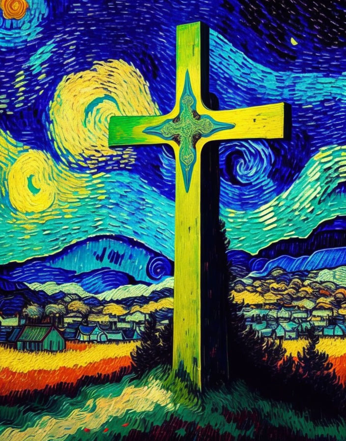 Vibrant Van Gogh-style painting: Yellow cross under swirling blue sky, wavy landscape.