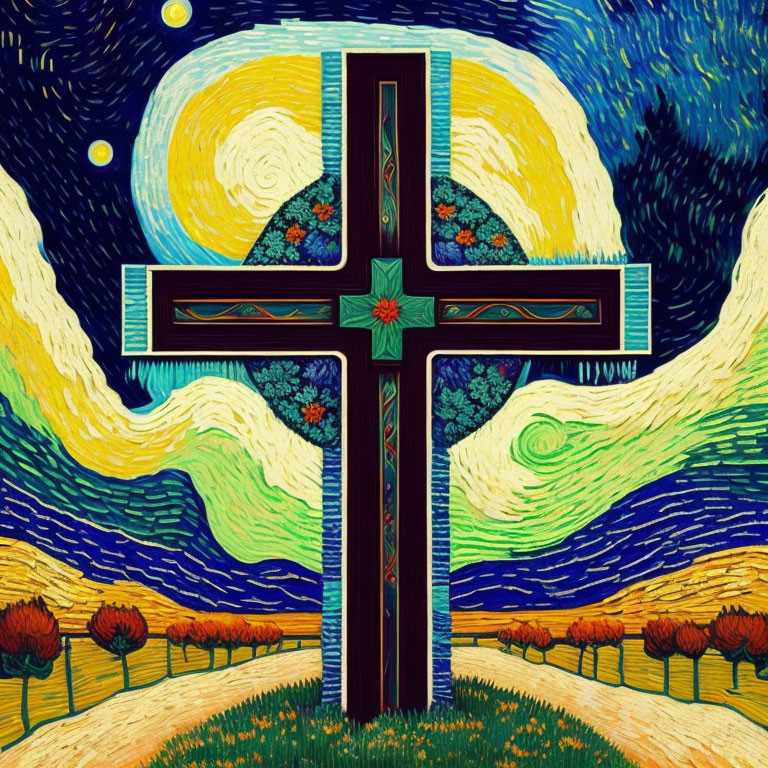 Ornate cross in Van Gogh-style landscape with night sky