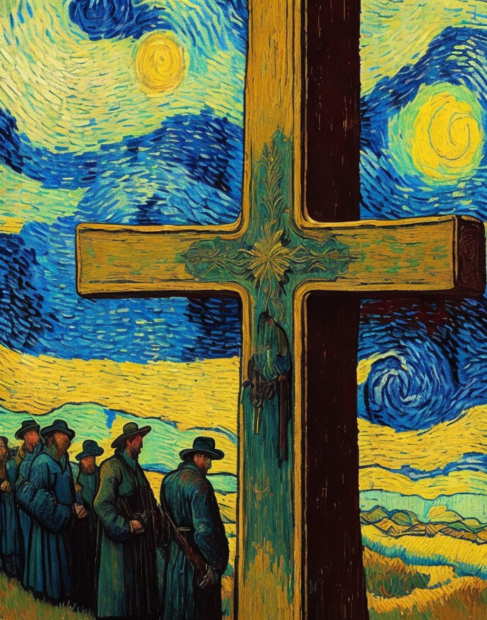 Van Gogh-style painting: People in dark clothes by large cross under starry sky