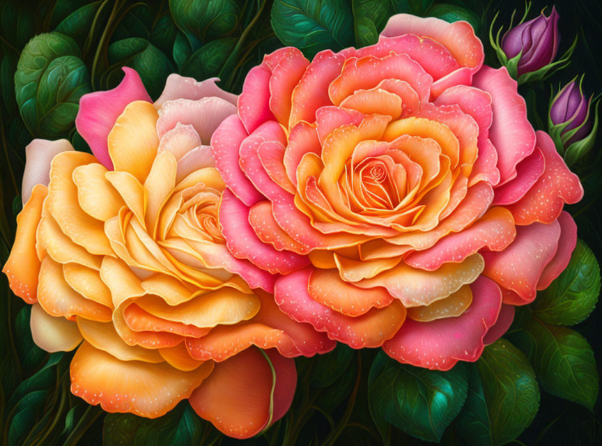 Colorful Digital Painting of Dew-Covered Multicolored Roses and Lush Green Leaves