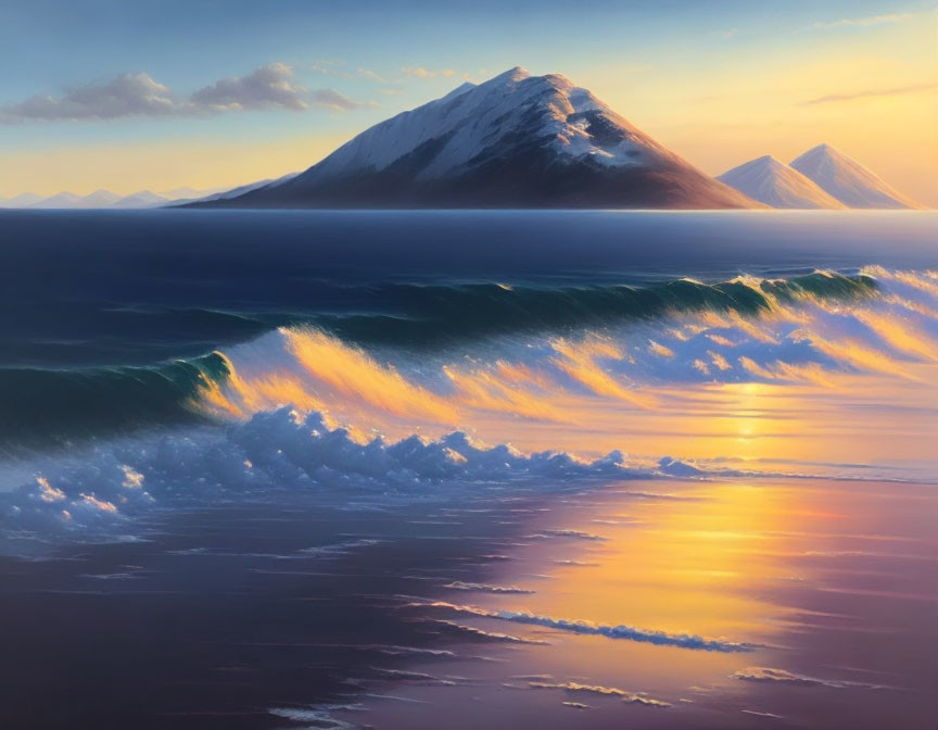 Tranquil sunset scene with waves, snow-capped mountains, and gradient sky