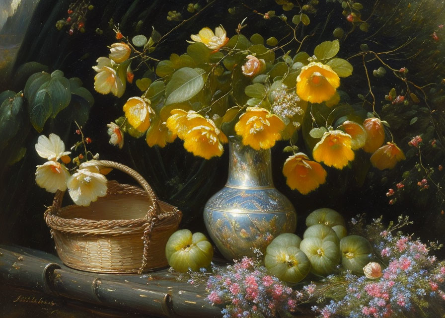 Still Life Painting with Yellow Flowers, Pumpkins, Basket, and Colorful Flora on Dark Background