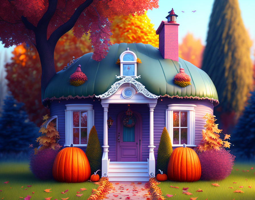 Whimsical autumn illustration with purple house and Halloween decor