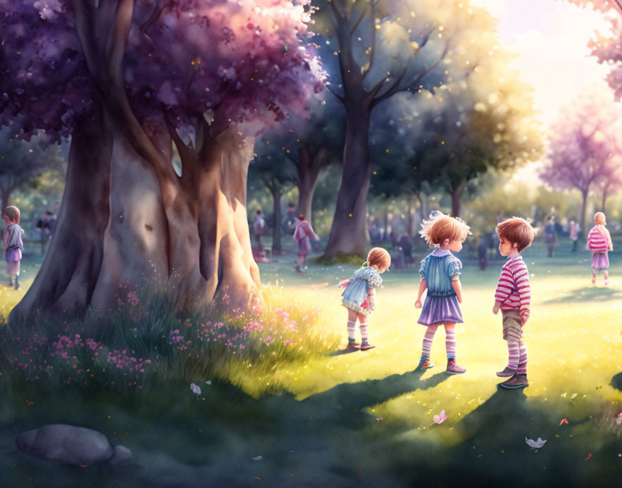 Sunlit park with blooming trees and children playing among flowers