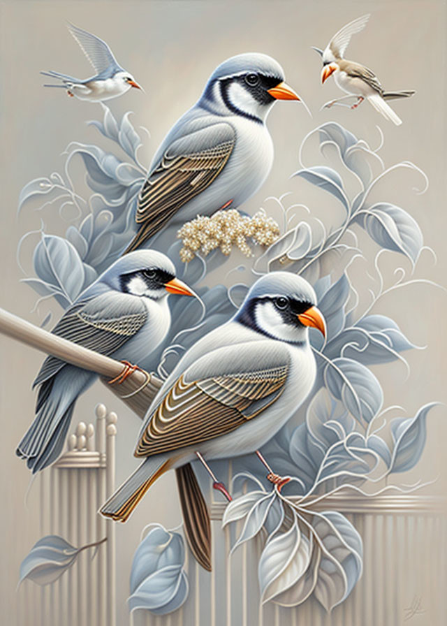 Realistic finches on twigs with flying birds against beige backdrop