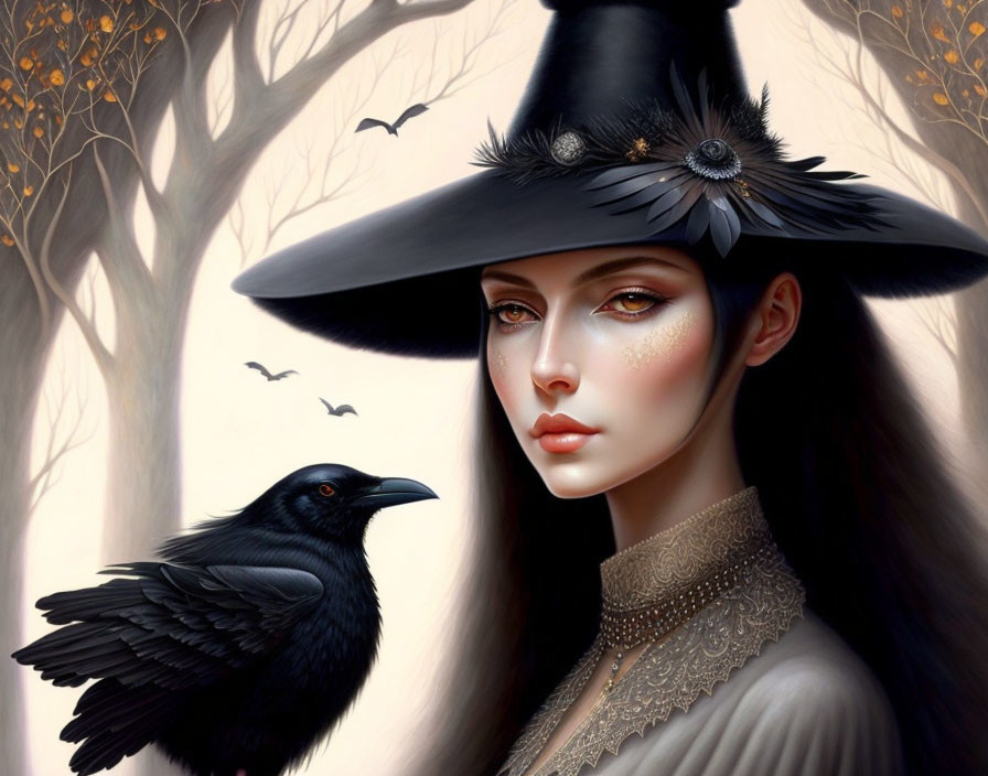 Digital artwork of pale-skinned woman in witch's hat with raven in autumnal setting