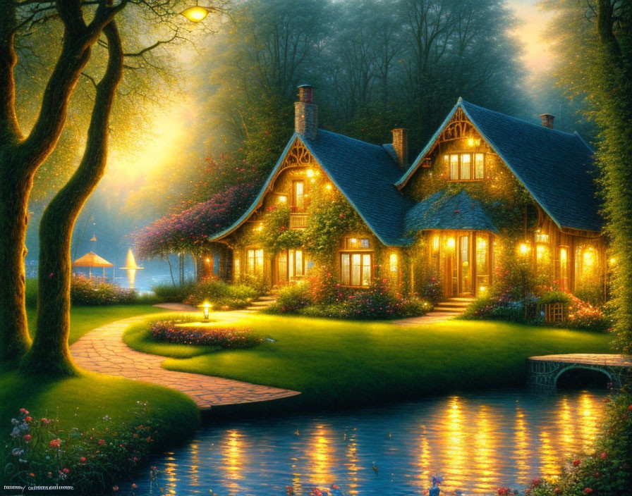 Glowing windows in cottage by serene lake at twilight