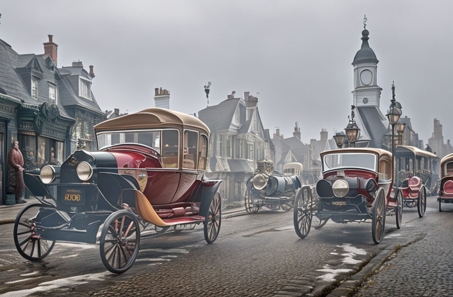 Classic cars on cobblestone street in old town with clock tower and foggy sky