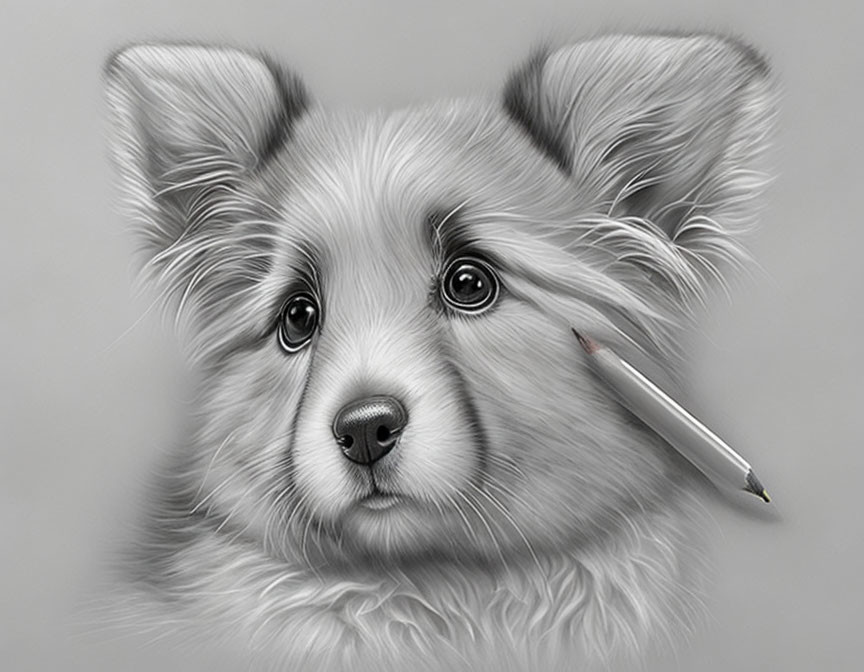 Monochrome drawing of a contemplative dog with a pencil tucked behind its ear