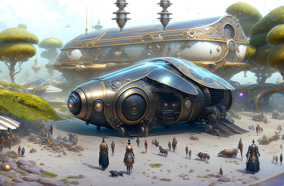 Steampunk-style airship in futuristic alien bazaar