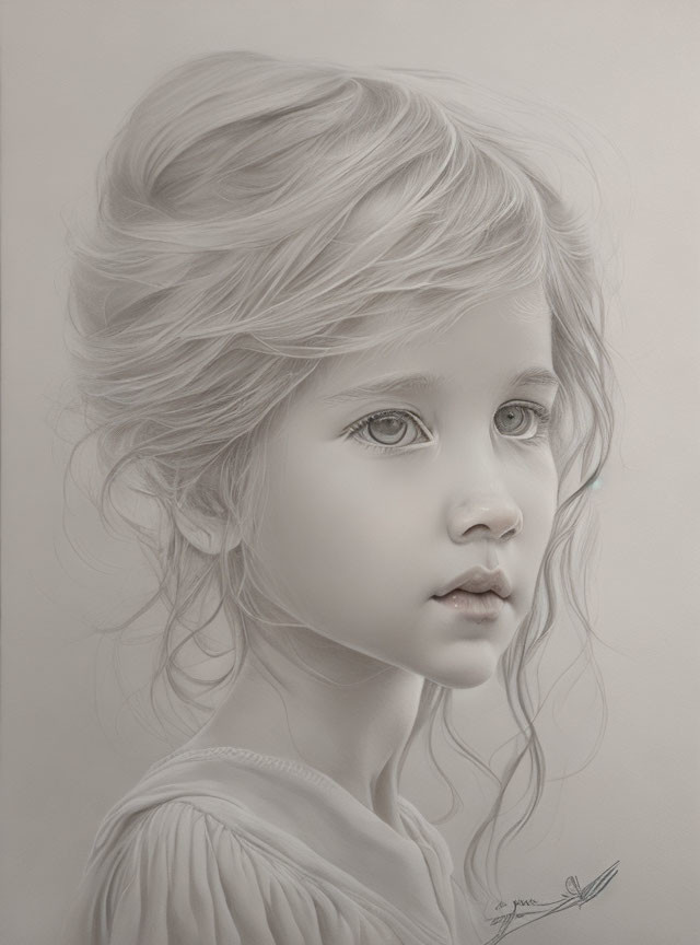 Detailed pencil drawing of a young girl with wavy hair and expressive eyes