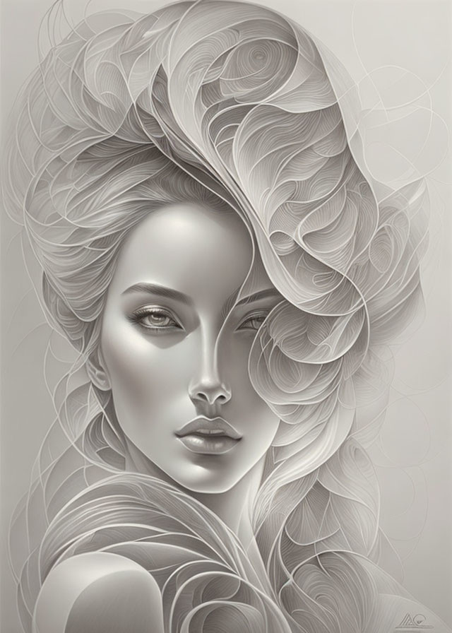 Monochrome portrait of woman with intricate swirling hair patterns