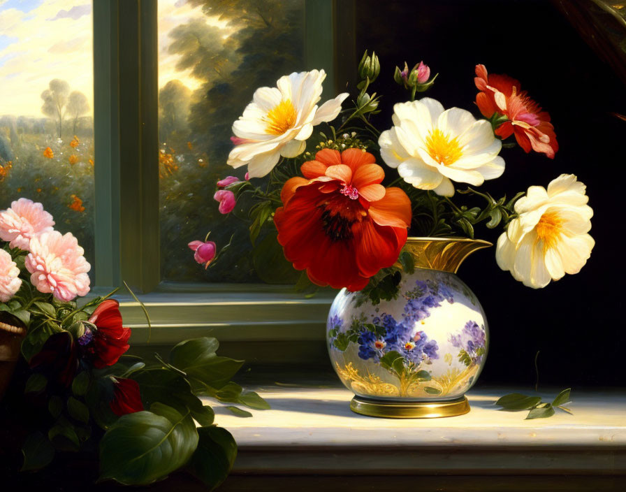 Colorful Mixed Flower Bouquet in Painted Vase on Sunlit Windowsill