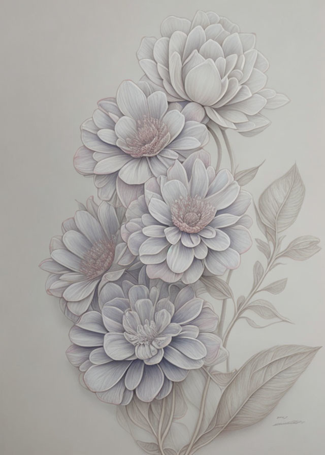 Detailed grayscale illustration of blooming dahlias with intricate petals and leaves.