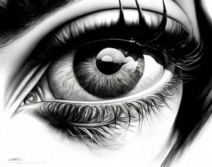 Detailed monochromatic human eye illustration with intense emotion and reflective iris.