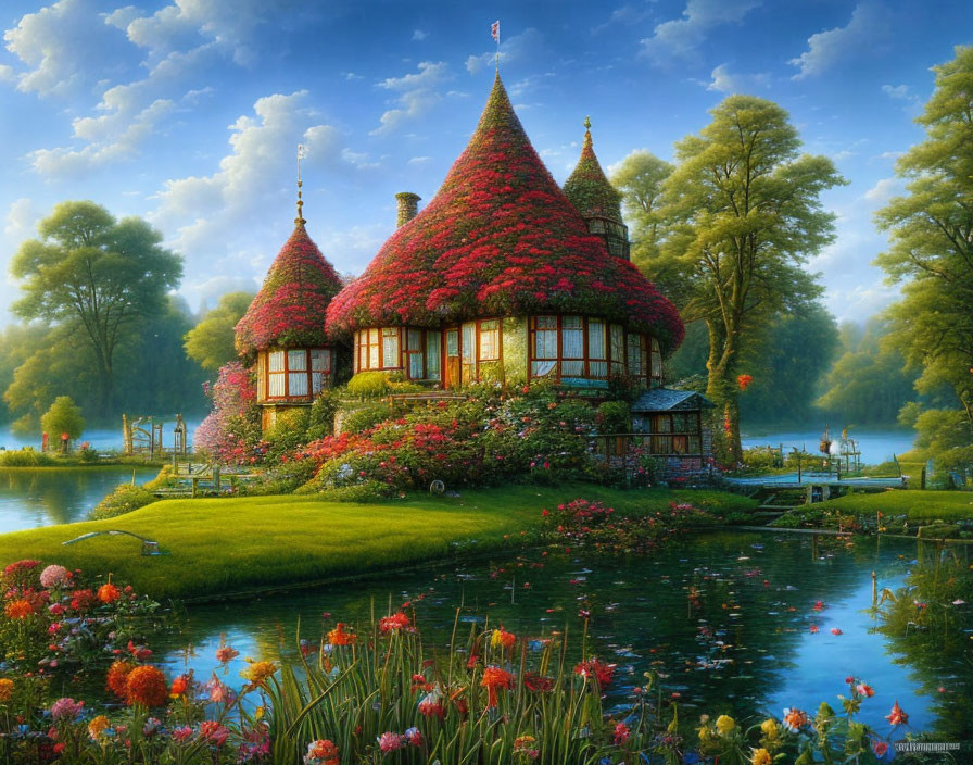 Cottage with Cone-Shaped Roofs and Bright Flowers by Serene Lake