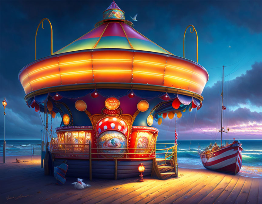 Carousel on Wooden Pier at Dusk with Vibrant Sky, Seagull, Boat, and Cat