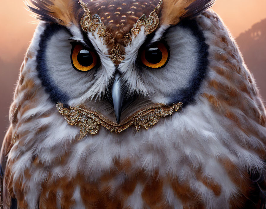 Stylized owl with golden embellishments against dusky sky