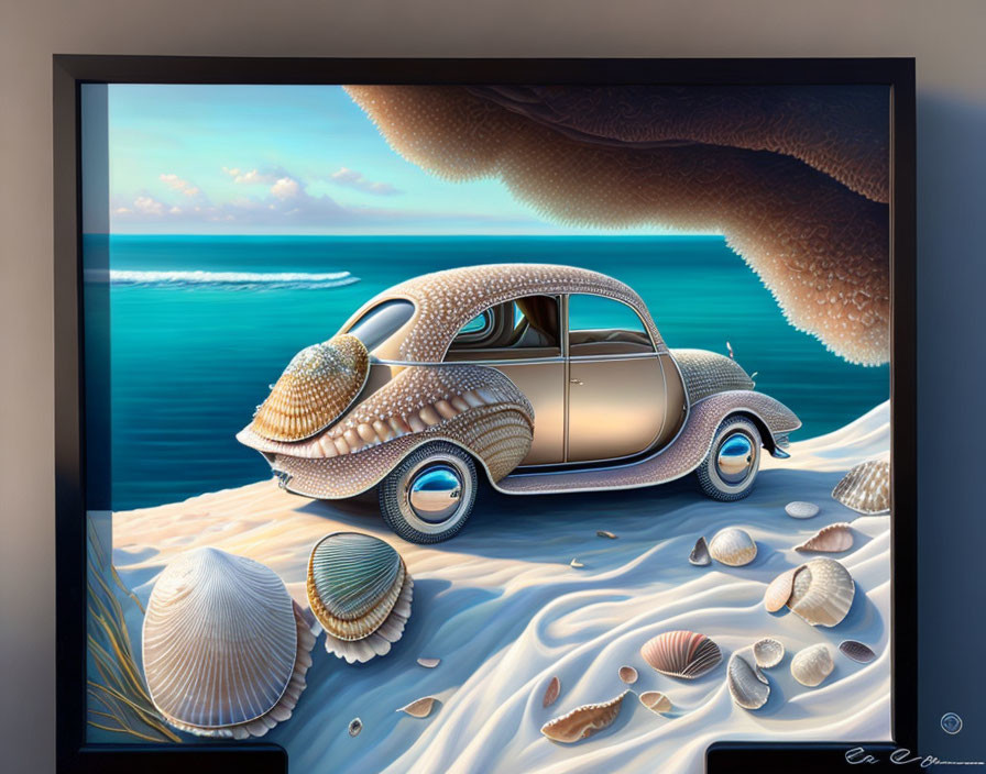 Surreal Artwork: Classic Car with Shell-Like Surface on Sandy Beach