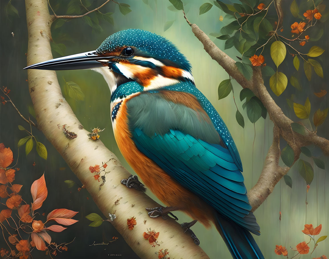 Colorful kingfisher on branch with orange foliage