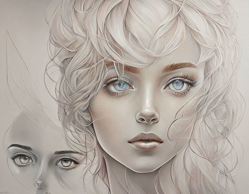 Detailed illustration of woman with blue eyes and wavy hair next to mirrored profile sketch