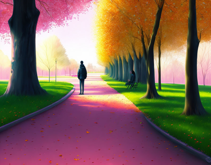 Vibrant park path with pink and orange trees, person strolling, bench with fallen leaves