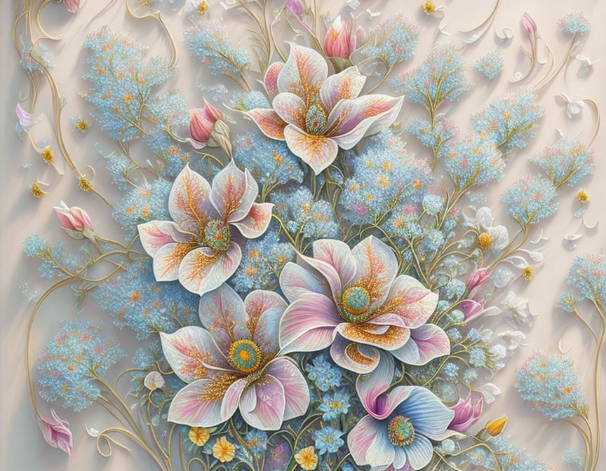 Detailed Pastel-Colored Flower Digital Art with Golden Stems