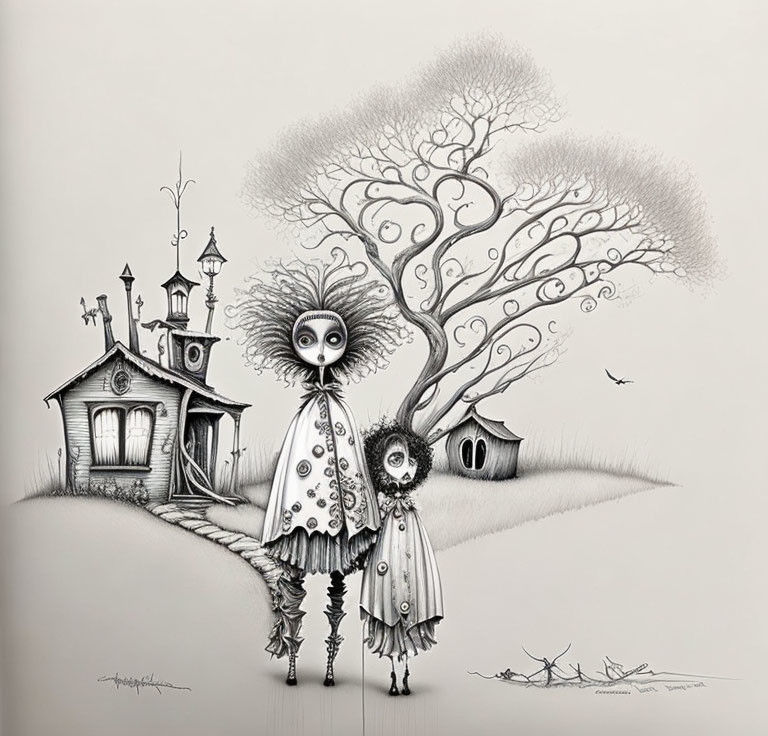 Monochrome whimsical characters in fantastical setting with quirky house and tree