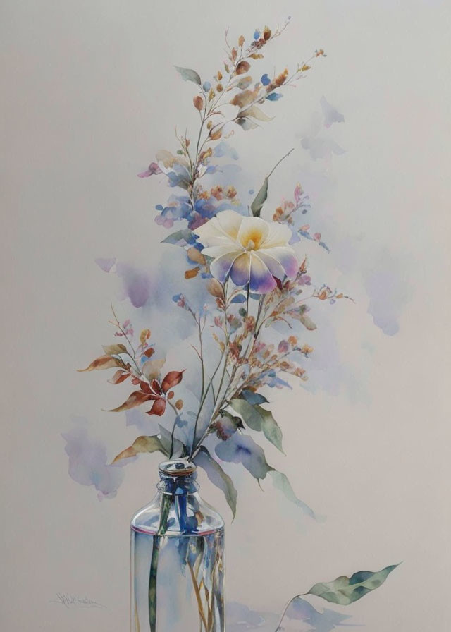 Ethereal watercolor painting of a yellow flower bouquet in a blue vase