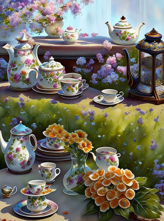 Ornate teapots and cups with blooming flowers in soft outdoor light