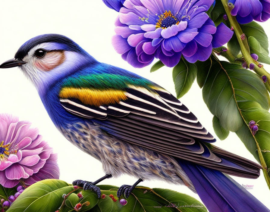 Colorful Bird Perched on Branch Among Purple Flowers