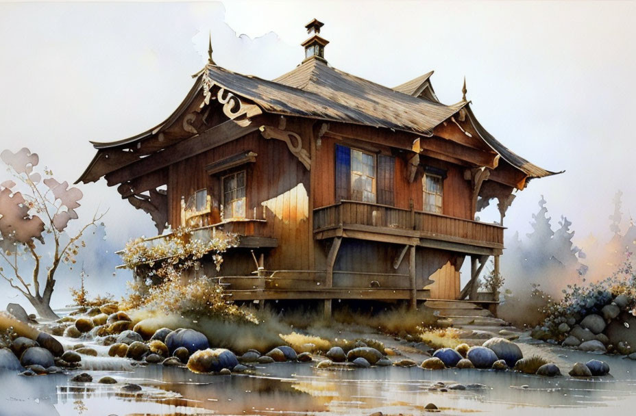 Traditional wooden house by misty lake with rocks and vegetation under hazy sky