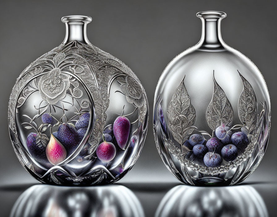 Intricately Etched Glass Vases with Floral and Fruit Designs