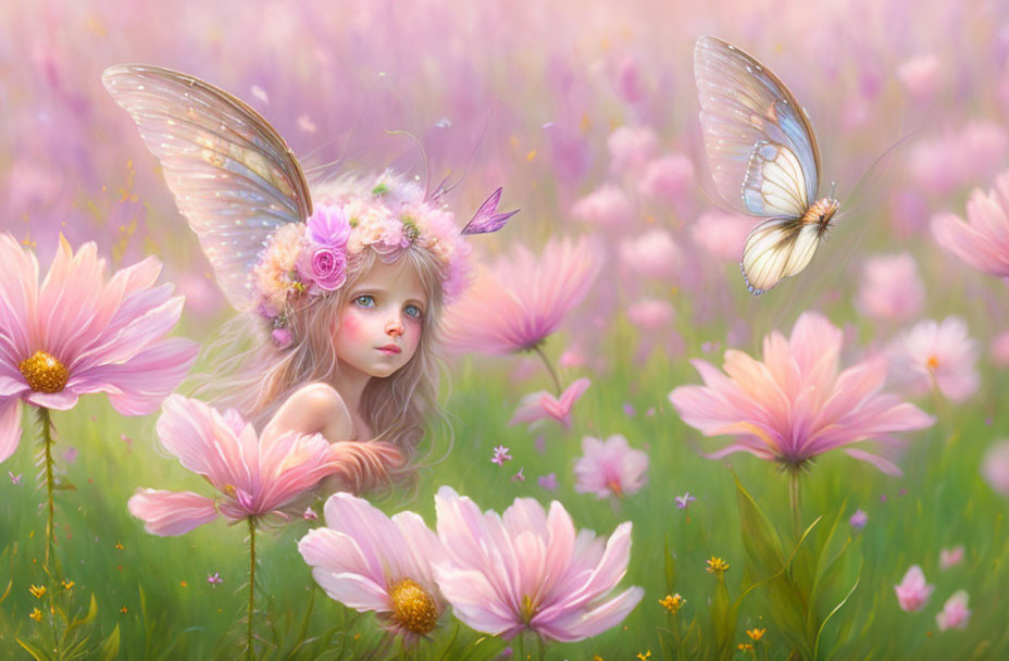 Fantasy fairy with delicate wings in pink blossoms and butterfly.