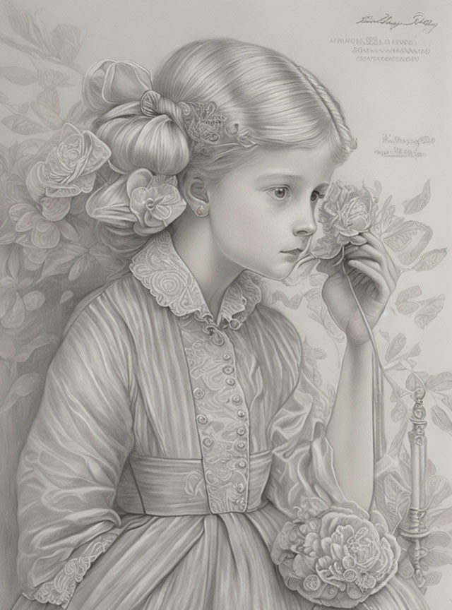 Monochrome illustration of girl with flower in hair among floral patterns