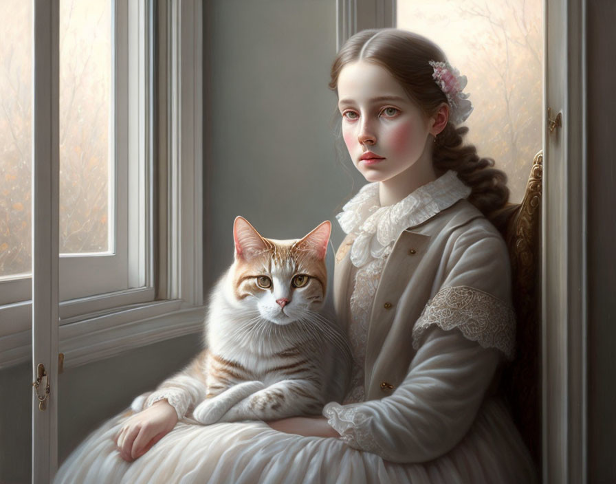 Young girl in cream dress with tabby cat by window in soft light