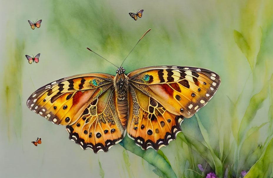 Colorful Butterfly Resting Among Greenery with Fluttering Companions