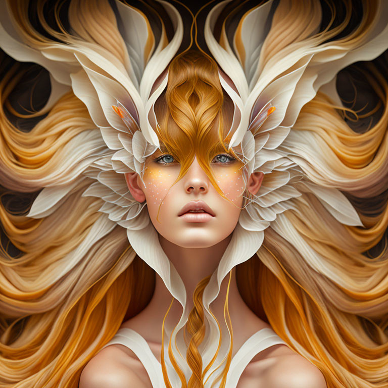 Surreal portrait: Woman with golden hair and floral elements