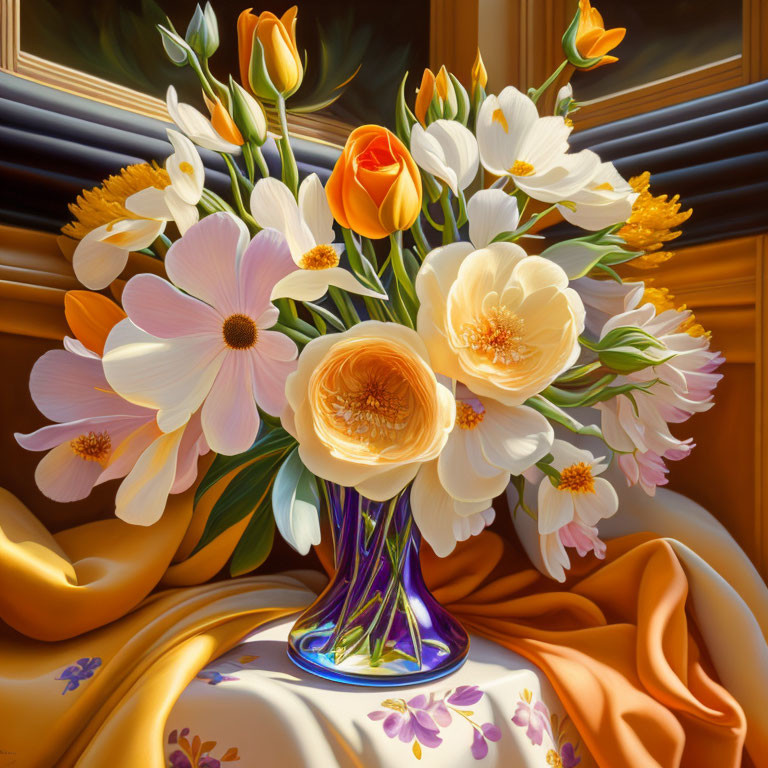 Colorful Tulips and Roses in Blue Vase on Embroidered Cloth by Window