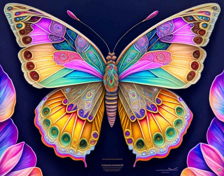 Symmetrical butterfly artwork with vibrant colors and intricate patterns