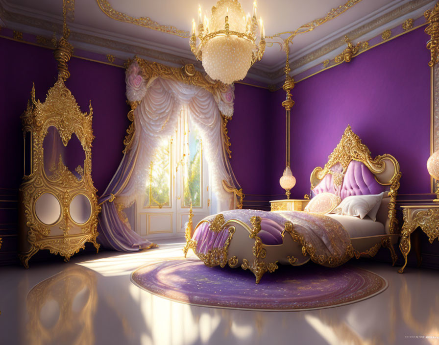 Luxurious purple-themed bedroom with golden furniture, chandeliers, curtains, and plush carpet