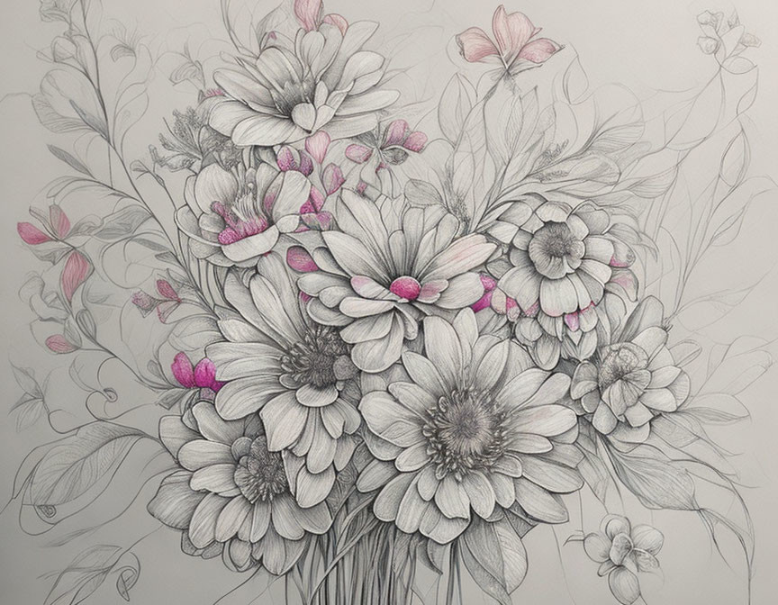 Detailed Pencil Sketch: Bouquet of Various Flowers with Intricate Petals and Leaves