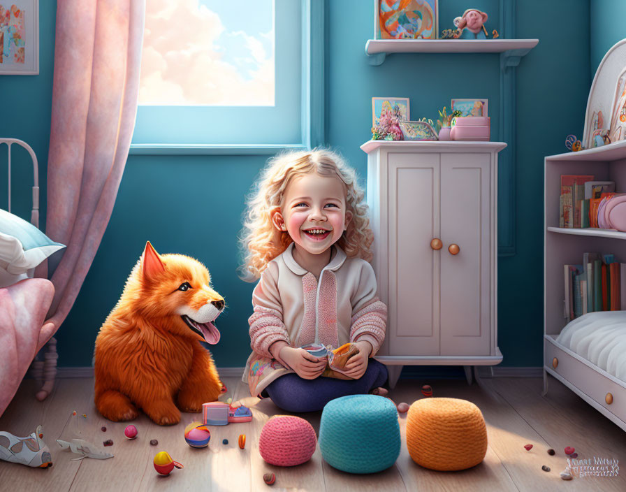 Child playing with toy in colorful room with fluffy orange dog